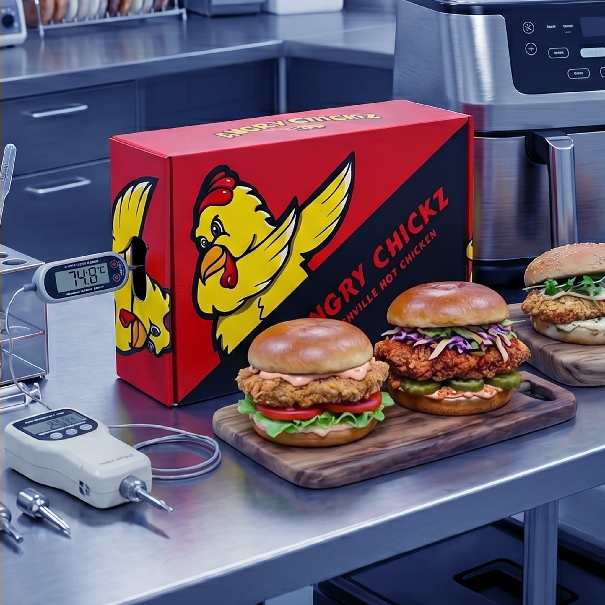 Food packaging thermal testing with temperature probes measuring heat retention inside a custom delivery box.